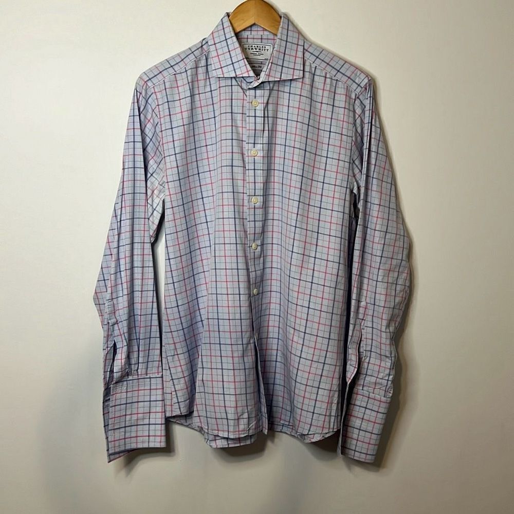 Charles Tyrwhitt Men’s Dress Shirt Slim Fit 16|35 Large Blue & Red Plaid Pattern